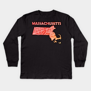 Colorful mandala art map of Massachusetts with text in red and orange Kids Long Sleeve T-Shirt